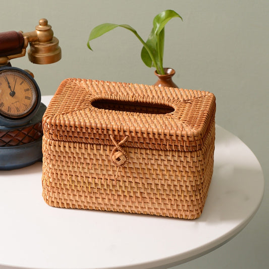 ZJH01 Square Shape Restaurant Desktop Rattan Braided Tissue Storage Box Case by buy2fix