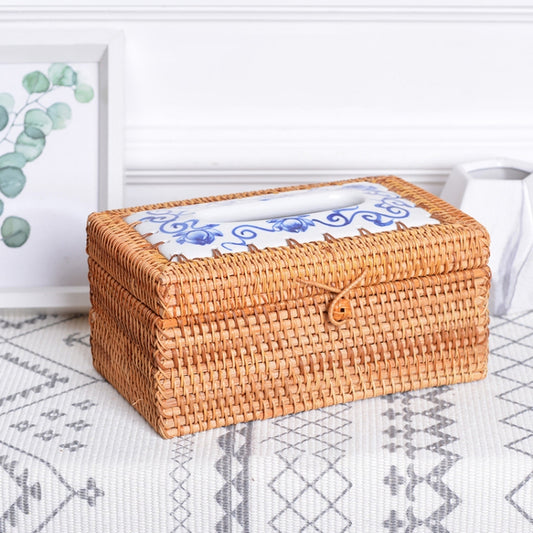 ZJH01 Ceramics Restaurant Desktop Rattan Braided Tissue Storage Box Case by buy2fix