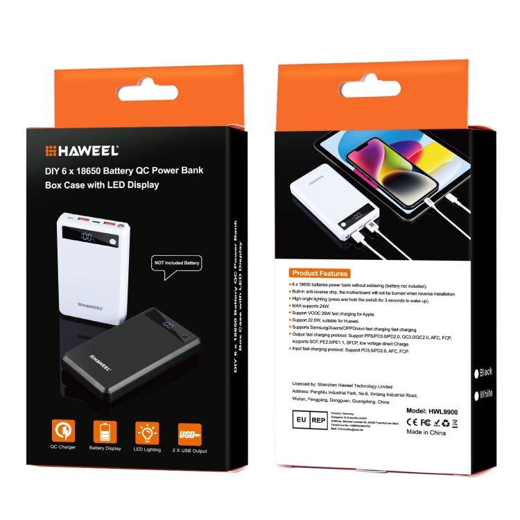 HAWEEL DIY 6 x 18650 Battery 24W Fast Charge Power Bank Box Case with Display, Not Include Battery (Black) by HAWEEL