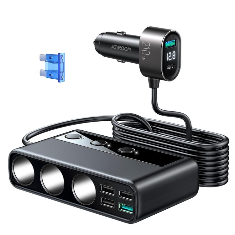 JOYROOM JR-CL06 9 in 1 210W PD USB-C / Type-C + Dual QC3.0 USB + 3 USB + 3 Cigarette Lighter Holes Digital Display Car Charger (Black) - Car Charger by JOYROOM | Online Shopping UK | buy2fix