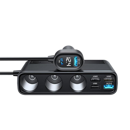 JOYROOM JR-CL06 9 in 1 210W PD USB-C / Type-C + Dual QC3.0 USB + 3 USB + 3 Cigarette Lighter Holes Digital Display Car Charger (Black) - Car Charger by JOYROOM | Online Shopping UK | buy2fix