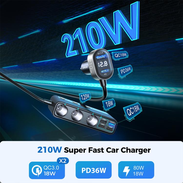 JOYROOM JR-CL06 9 in 1 210W PD USB-C / Type-C + Dual QC3.0 USB + 3 USB + 3 Cigarette Lighter Holes Digital Display Car Charger (Black) - Car Charger by JOYROOM | Online Shopping UK | buy2fix