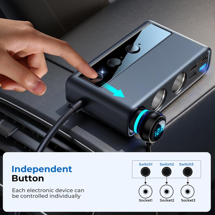 JOYROOM JR-CL06 9 in 1 210W PD USB-C / Type-C + Dual QC3.0 USB + 3 USB + 3 Cigarette Lighter Holes Digital Display Car Charger (Black) - Car Charger by JOYROOM | Online Shopping UK | buy2fix