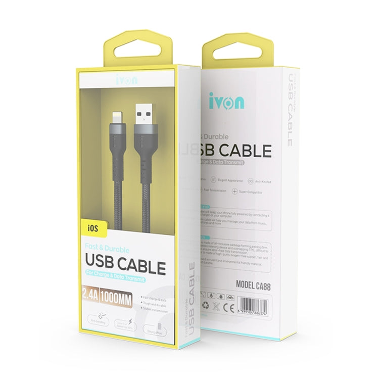 IVON CA88 12W 2.4A USB to 8 Pin Nylon Braid Fast Charge Data Cable, Cable Length: 1m (Black) by IVON