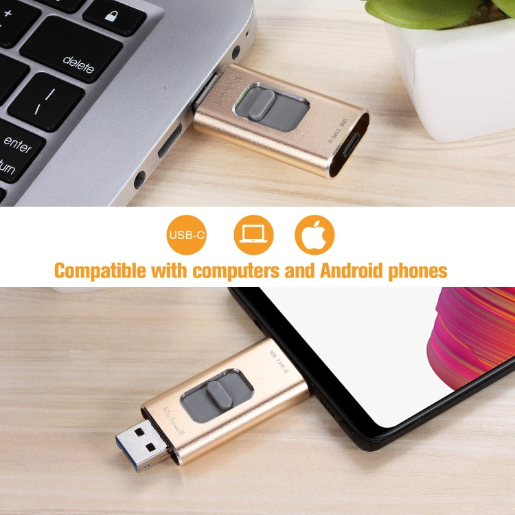 Richwell 3 in 1 64G Type-C + 8 Pin + USB 3.0 Metal Push-pull Flash Disk with OTG Function(Gold) by Richwell