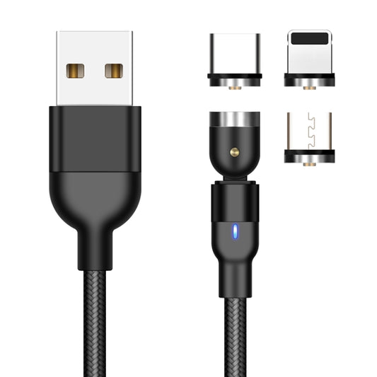 2m 2A Output 3 in 1 USB to 8 Pin + USB-C / Type-C + Micro USB Nylon Braided Rotate Magnetic Charging Cable (Black) by buy2fix