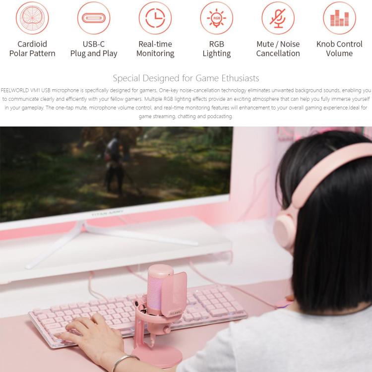 FEELWORLD VM1 USB Condenser Gaming Microphone for Streaming Noise Cancellation Mute RGB Light Desktop Stand (Pink) - Microphone by FEELWORLD | Online Shopping UK | buy2fix