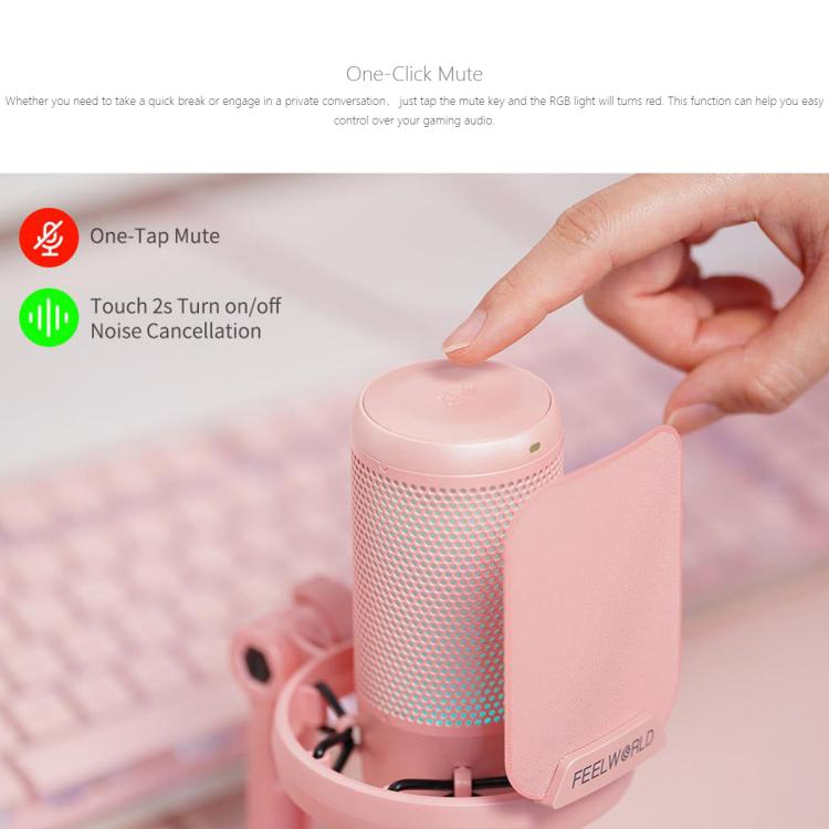 FEELWORLD VM1 USB Condenser Gaming Microphone for Streaming Noise Cancellation Mute RGB Light Desktop Stand (Pink) - Microphone by FEELWORLD | Online Shopping UK | buy2fix