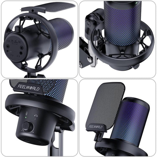 FEELWORLD VM1 USB Condenser Gaming Microphone for Streaming Noise Cancellation Mute RGB Light Boom Arm Stand (Black) - Microphone by FEELWORLD | Online Shopping UK | buy2fix
