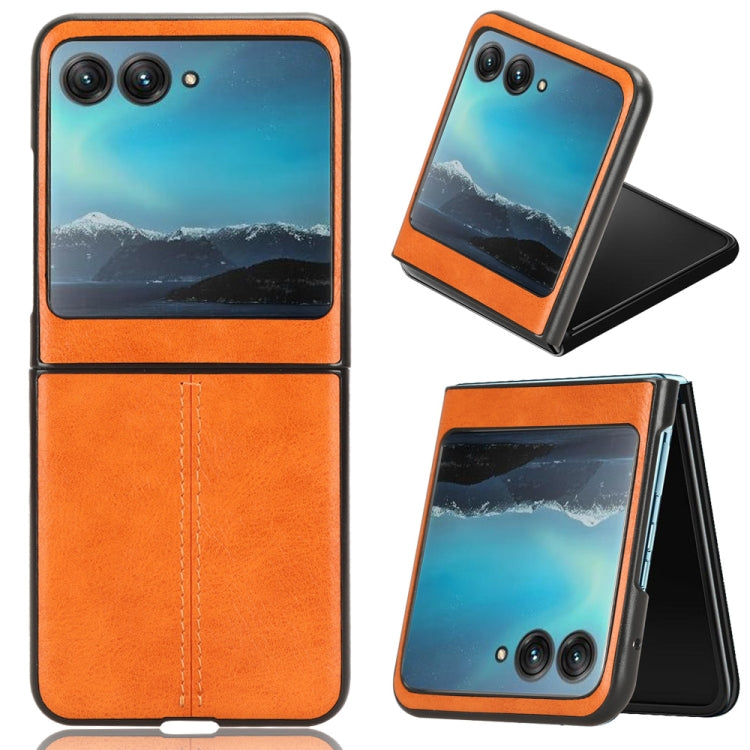 For Motorola Moto Razr 40 Ultra Sewing Cow Pattern Skin PC + PU + TPU Phone Case (Yellow) - Motorola Cases by buy2fix | Online Shopping UK | buy2fix