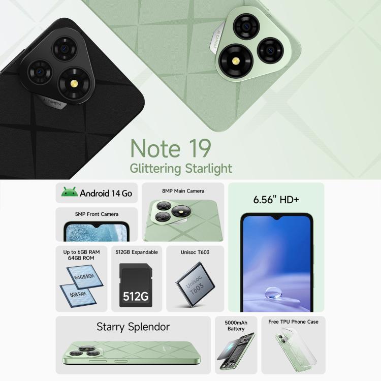 Ulefone Note 19, 3GB+32GB, Face ID & Side Fingerprint, 6.56 inch Android 14 Go Unisoc T603 Octa Core, Network: 4G, Dual SIM, OTG (Green) - Ulefone by Ulefone | Online Shopping UK | buy2fix