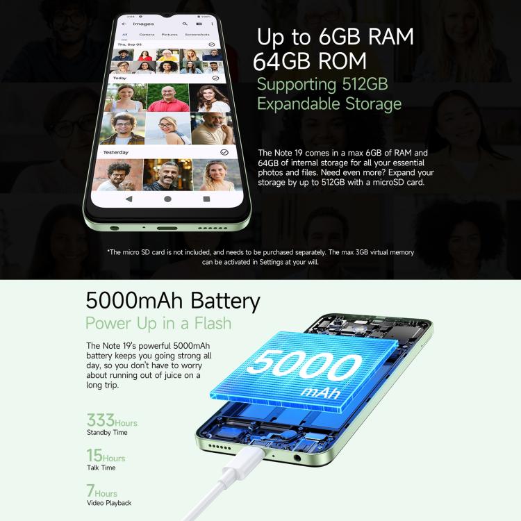 Ulefone Note 19, 3GB+32GB, Face ID & Side Fingerprint, 6.56 inch Android 14 Go Unisoc T603 Octa Core, Network: 4G, Dual SIM, OTG (Green) - Ulefone by Ulefone | Online Shopping UK | buy2fix