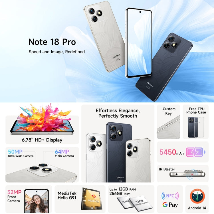 Ulefone Note 18 Pro, 6GB+256GB, Face ID & Side Fingerprint, 6.78 inch Android 14 MediaTek Helio G91 MTK6769 Octa Core, Network: 4G, Dual SIM, OTG, NFC (Moonlit White) - Ulefone by Ulefone | Online Shopping UK | buy2fix
