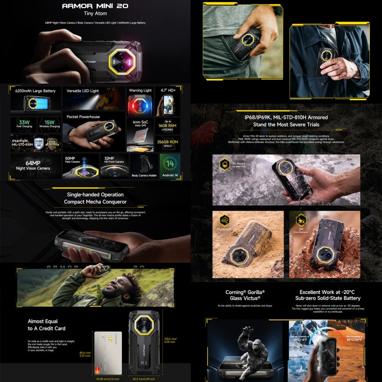 Ulefone Armor Mini 20, Night Vision, 8GB+256GB, IP68/IP69K Rugged Phone, 4.7 inch Android 14 MediaTek Helio G99 Octa Core, Network: 4G, NFC, OTG (Black) - Ulefone by Ulefone | Online Shopping UK | buy2fix