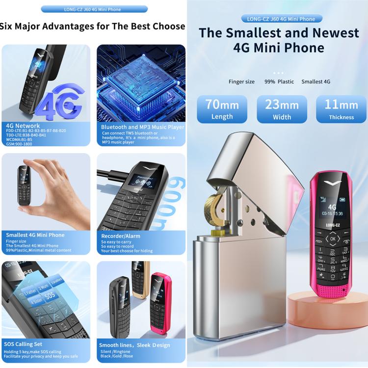 LONG-CZ J60 4G Mini Phone, 1.77 inch Unisoc T107, 21 Keys, Network: 4G, Single SIM (Black) - Others by buy2fix | Online Shopping UK | buy2fix
