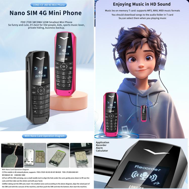 LONG-CZ J60 4G Mini Phone, 1.77 inch Unisoc T107, 21 Keys, Network: 4G, Single SIM (Black) - Others by buy2fix | Online Shopping UK | buy2fix