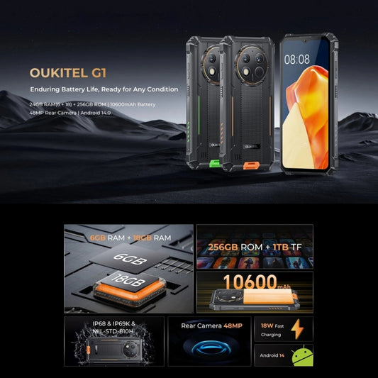 Oukitel G1 Rugged Phone, 6GB+256GB, Fingerprint Identification, 6.52 inch Android 14 T606 Octa Core, NFC, OTG, Network: 4G (Grey) by OUKITEL