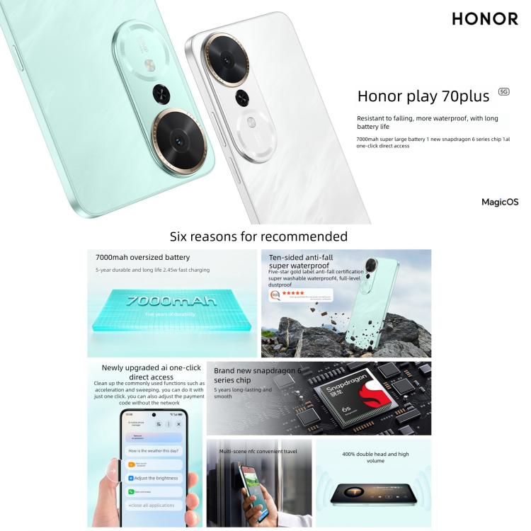 Honor Play 70 Plus, 12GB+256GB, Side Fingerprint, 6.77 inch MagicOS 9.0 Snapdragon 6s Gen 3 Octa Core, Network: 5G, NFC, OTG, Not Support Google Play (Cyan) - Honor by HONOR | Online Shopping UK | buy2fix