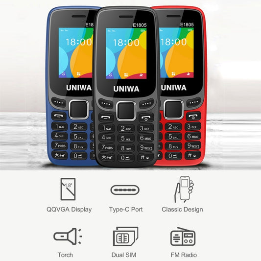 UNIWA E1805, 1.77 inch, SC6531E, 21 Keys, Support Bluetooth, Torch, FM, MP3, MP4, GSM, Dual SIM (Blue) by UNIWA