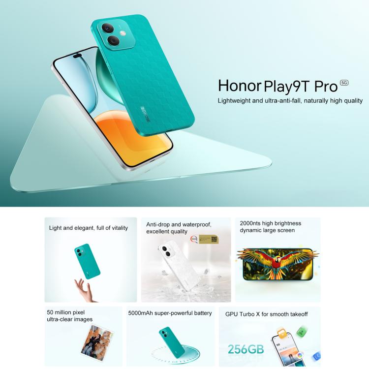 Honor Play9T Pro, 8GB+256GB, Screen Fingerprint, 6.7 inch MagicOS 8.0 Android 14.0 Dimensity 6080 Octa Core, Network: 5G, OTG, Not Support Google Play (Green) - Honor by HONOR | Online Shopping UK | buy2fix