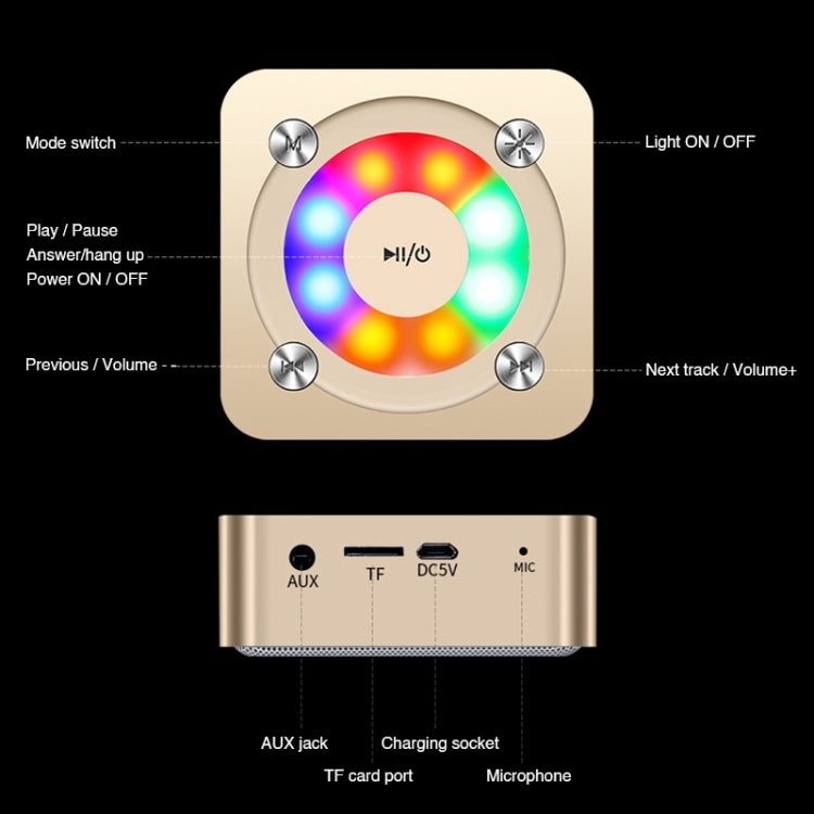 A9 Portable Bluetooth Stereo Speaker with Built-in MIC & Light, Support Hands-free Calls & TF Card & AUX IN, Bluetooth Distance: 10m(Gold) - Desktop Speaker by buy2fix | Online Shopping UK | buy2fix
