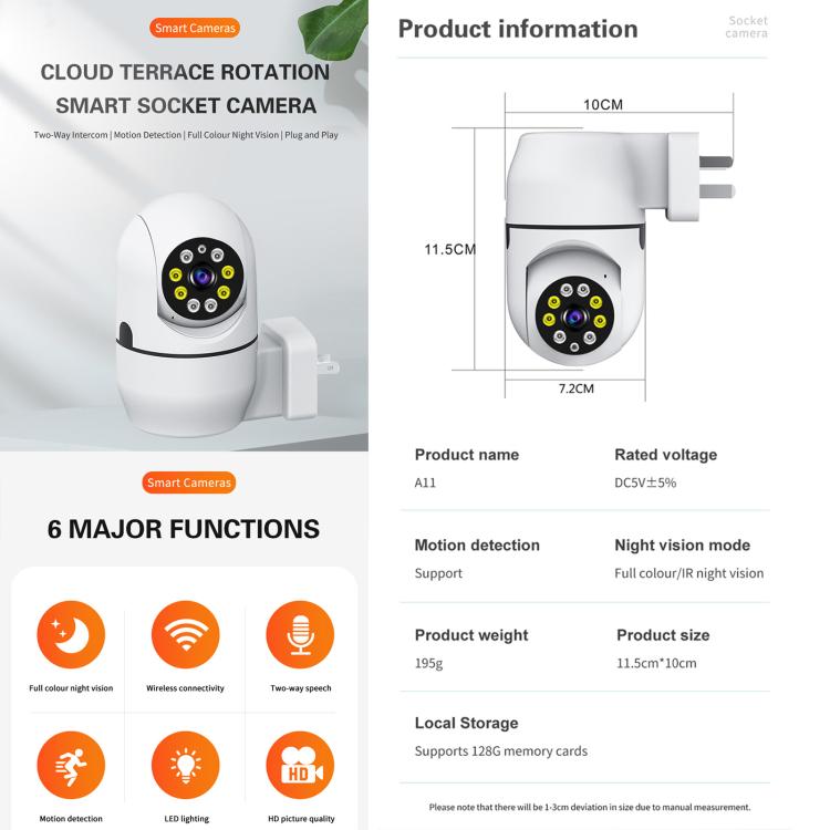 A11 WiFi Smart Home PTZ Webcam IP Camera Night Vision Monitor (EU Plug) - Wireless Camera by buy2fix | Online Shopping UK | buy2fix