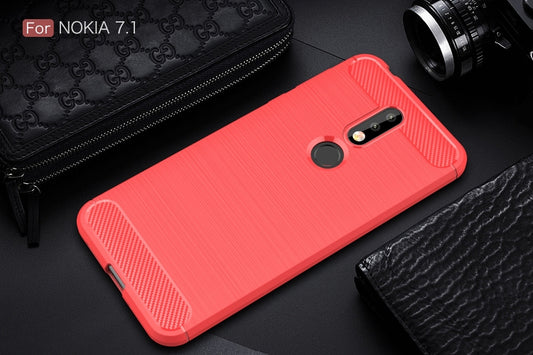 Brushed Texture Carbon Fiber Soft TPU Case for Nokia 7.1(Red) by buy2fix