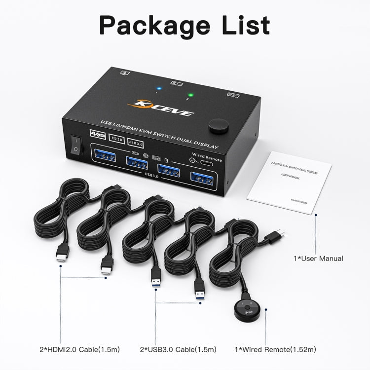 KC-KVM202AS 4K 60HZ USB3.0 HDMI Dual Display KVM Switcher Support EDID Analog Lock Screen by buy2fix