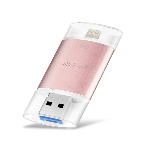 Richwell 3 in 1 64G Type-C + 8 Pin + USB 3.0 Metal Double Cover Push-pull Flash Disk with OTG Function(Rose Gold) by Richwell