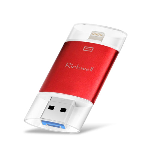Richwell 3 in 1 64G Type-C + 8 Pin + USB 3.0 Metal Double Cover Push-pull Flash Disk with OTG Function(Red) by Richwell