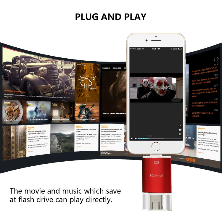 Richwell 3 in 1 16G Type-C + 8 Pin + USB 3.0 Metal Double Cover Push-pull Flash Disk with OTG Function(Silver) by Richwell