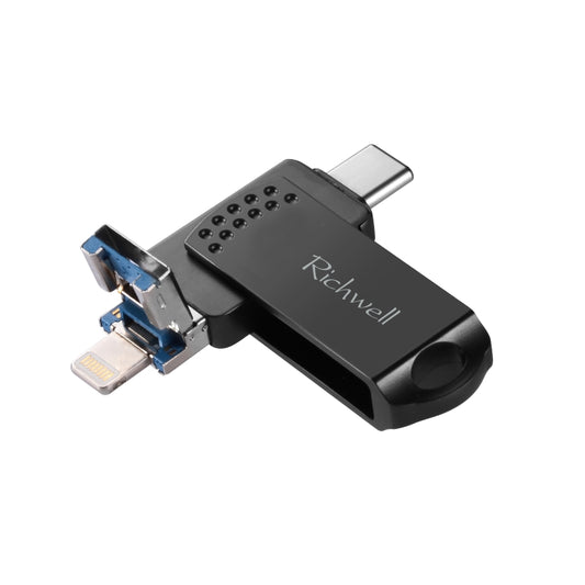 Richwell 64G Type-C + 8 Pin + USB 3.0 Metal Flash Disk with OTG Function(Black) by Richwell