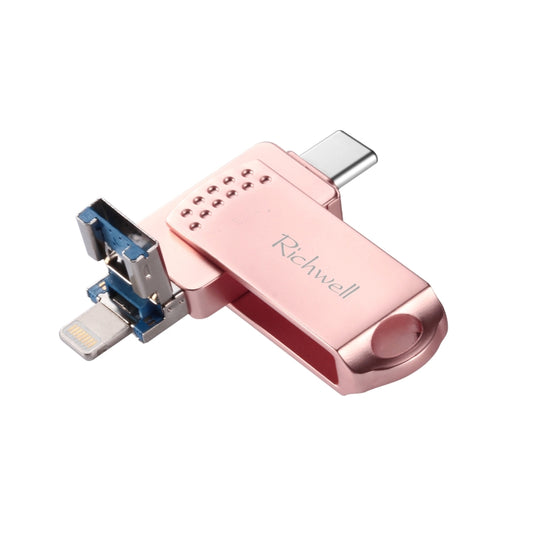 Richwell 64G Type-C + 8 Pin + USB 3.0 Metal Push-pull Flash Disk with OTG Function(Rose Gold) by Richwell