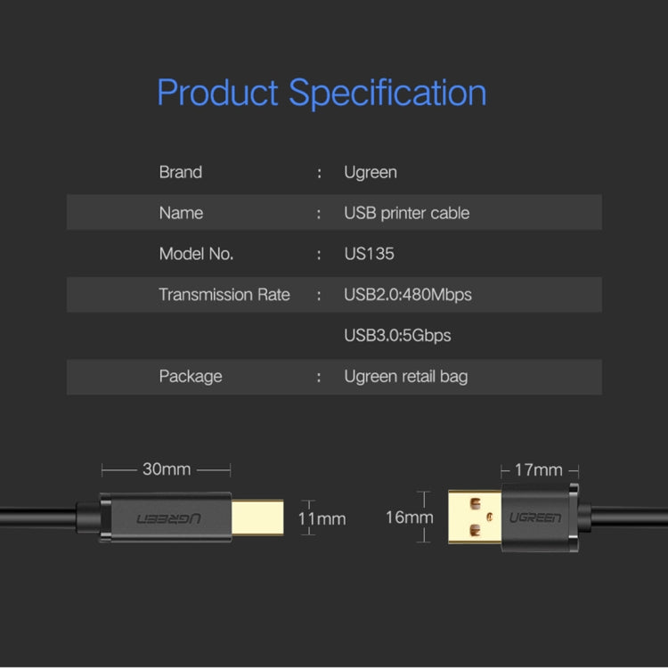 UGREEN USB 2.0 Nickel-plated Printer Cable Data Cable, For Canon, Epson, HP, Cable Length: 1m - USB Cable by UGREEN | Online Shopping UK | buy2fix