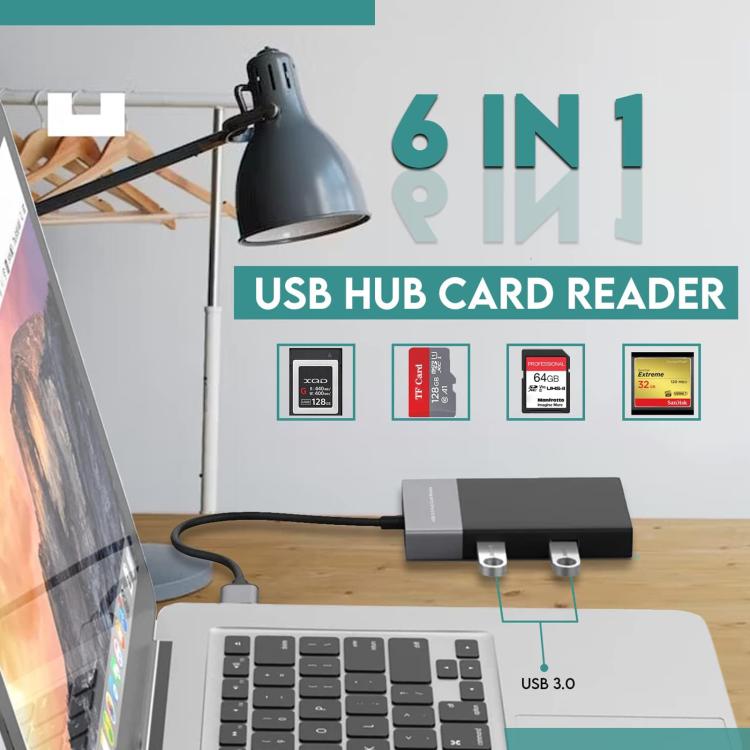 6 In 1 Multi-function Dual USB 3.0 + XQD + CF + TF + SD Card Reader (Silver) - by buy2fix | Online Shopping UK | buy2fix