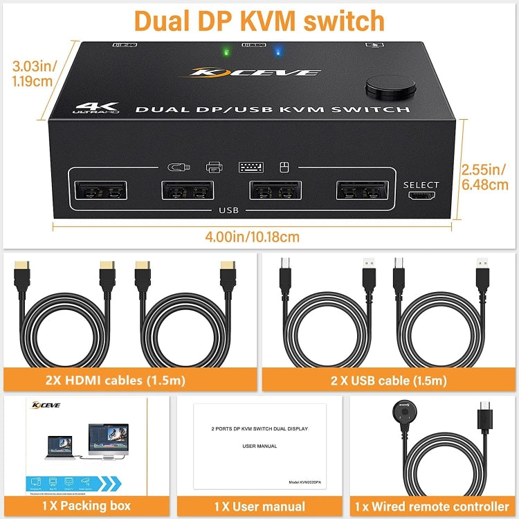 KC-KVM202DPA-USB2.0 DP 3DP+3DP KVM Switch (Black) by buy2fix