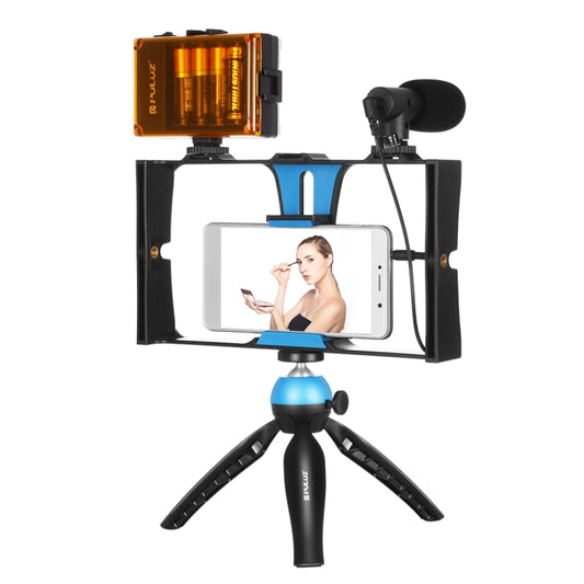 PULUZ 4 in 1 Vlogging Live Broadcast LED Selfie Light Smartphone Video Rig Kits with Microphone + Tripod Mount + Cold Shoe Tripod Head for iPhone, Galaxy, Huawei, Xiaomi, HTC, LG, Google, and Other Smartphones(Blue) by PULUZ