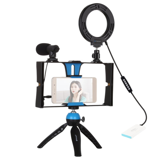 PULUZ 4 in 1 Vlogging Live Broadcast Smartphone Video Rig + 4.7 inch 12cm RGBW Ring LED Selfie Light + Microphone + Pocket Tripod Mount Kits with Cold Shoe Tripod Head(Blue) by PULUZ