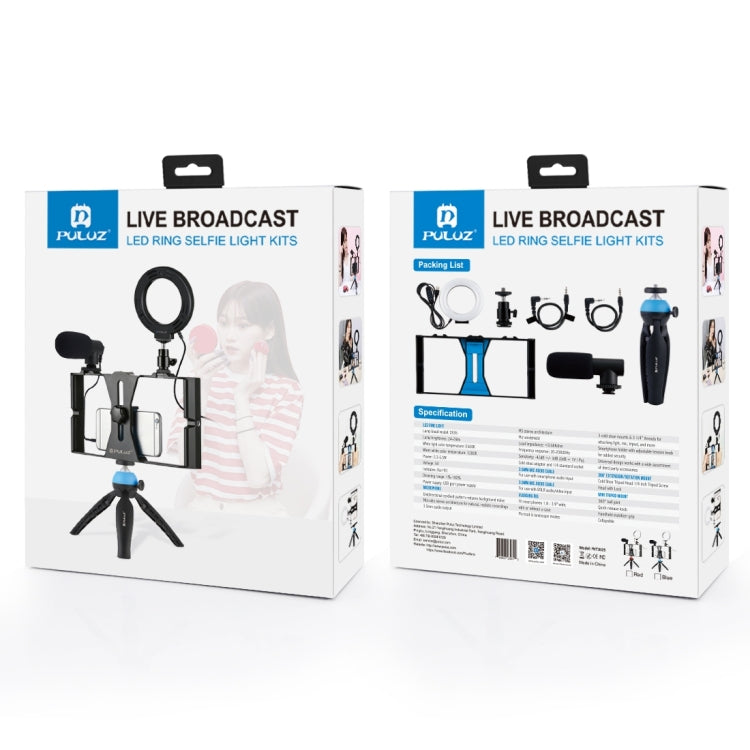 PULUZ 4 in 1 Vlogging Live Broadcast Smartphone Video Rig + 4.7 inch 12cm RGBW Ring LED Selfie Light + Microphone + Pocket Tripod Mount Kits with Cold Shoe Tripod Head(Blue) by PULUZ