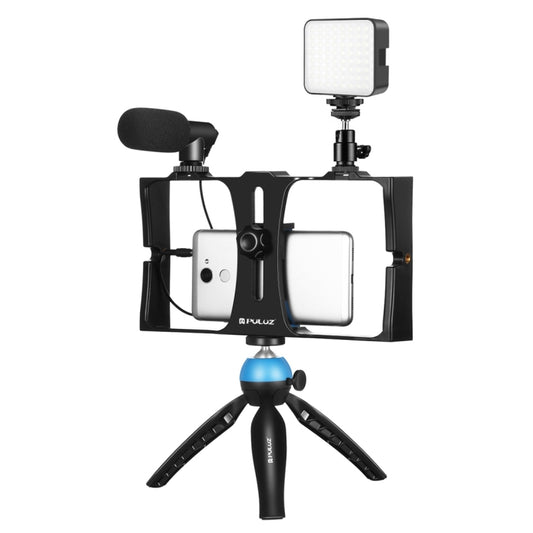 PULUZ 4 in 1 Vlogging Live Broadcast LED Selfie Fill Light Smartphone Video Rig Kits with Microphone + Tripod Mount + Cold Shoe Tripod Head for iPhone, Galaxy, Huawei, Xiaomi, HTC, LG, Google, and Other Smartphones (Blue) by PULUZ