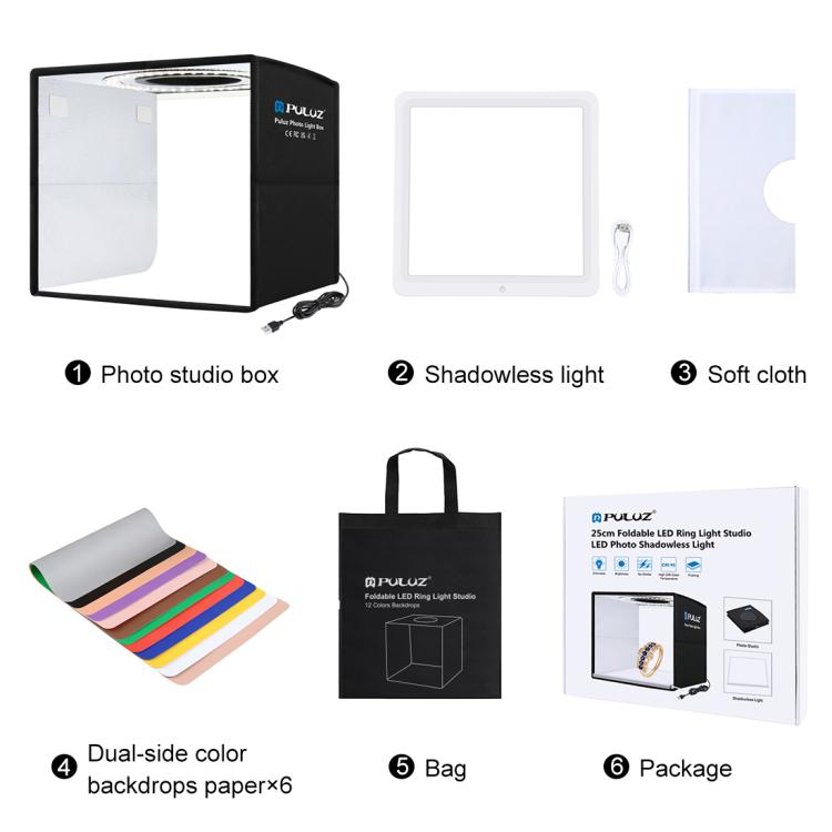 PULUZ 25cm Folding Portable High CRI Ring LED Photo Lighting Studio Tent Box + Shadowless Light Lamp Panel Pad with 12 Colors Backdrops, Size: 25cm x 25cm x 25cm(Black) - by PULUZ | Online Shopping UK | buy2fix