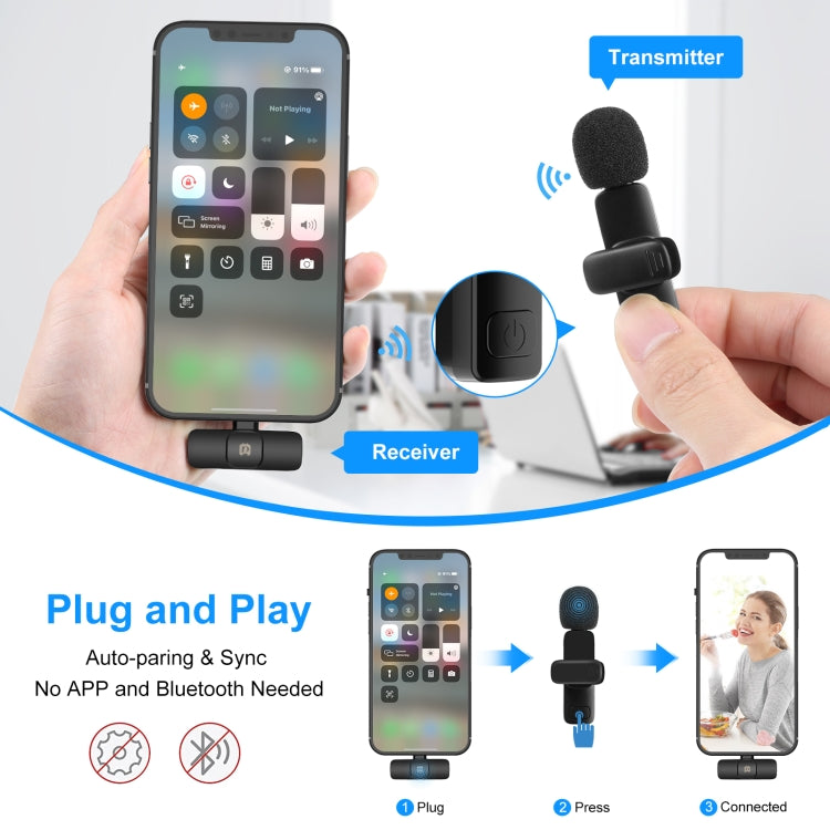 PULUZ Wireless Lavalier Noise Reduction Reverb Microphone for 8-Pin Device, Support Phone Charging(Black) - Microphone by PULUZ | Online Shopping UK | buy2fix