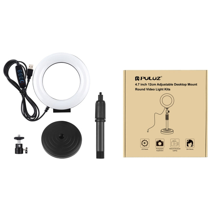 PULUZ Round Base Desktop Holder + 4.7 inch 12cm 3 Modes USB Dimmable LED Ring Vlogging Video Light, Adjustable Height: 15.5cm-25.5cm - Tripods by PULUZ | Online Shopping UK | buy2fix