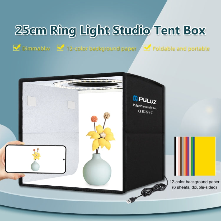 PULUZ 25cm Folding Portable High 97 CRI Ring Light Photo Lighting Studio Shooting Tent Box with 12 Colors Backdrops, Size: 25cm x 25cm x 25cm(Black) - by PULUZ | Online Shopping UK | buy2fix