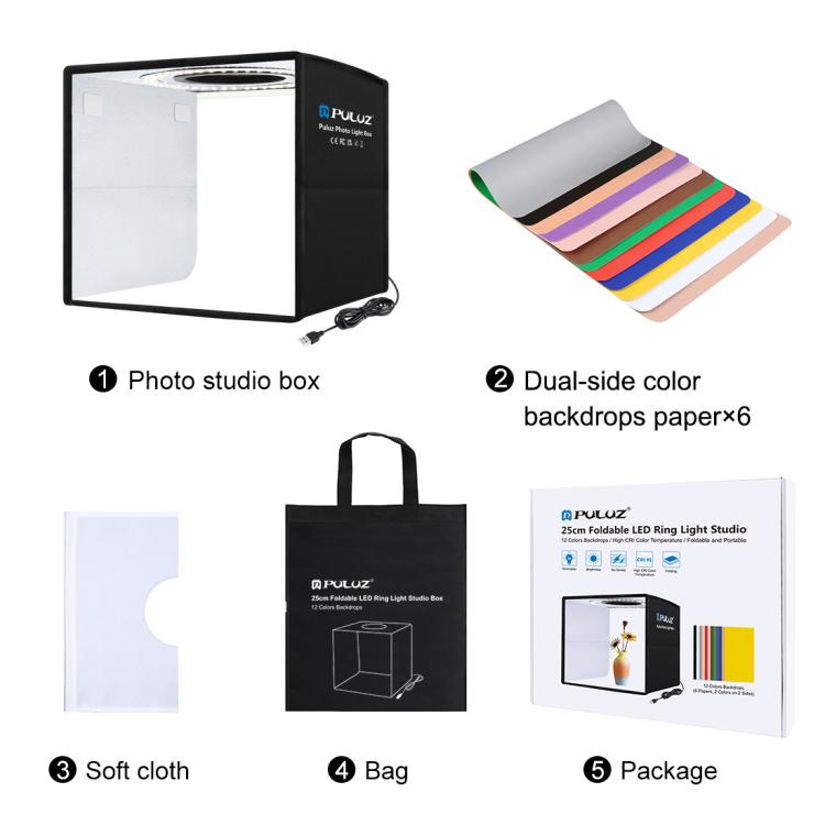 PULUZ 25cm Folding Portable High 97 CRI Ring Light Photo Lighting Studio Shooting Tent Box with 12 Colors Backdrops, Size: 25cm x 25cm x 25cm(Black) - by PULUZ | Online Shopping UK | buy2fix