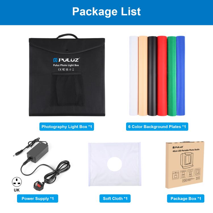 PULUZ 40cm Folding Portable White Light Dimmable Photo Lighting Studio Shooting Tent Box Kit with 6 Colors (Black, Orange, White, Red, Green, Blue) Backdrops(UK Plug) - by PULUZ | Online Shopping UK | buy2fix