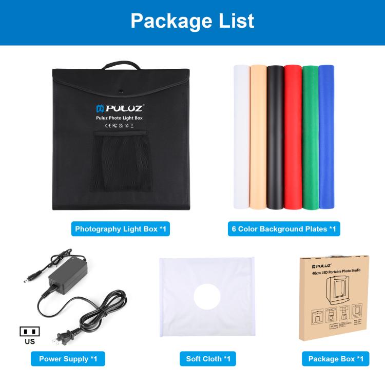 PULUZ 40cm Folding Portable White Light Dimmable Photo Lighting Studio Shooting Tent Box Kit with 6 Colors (Black, Orange, White, Red, Green, Blue) Backdrops(US Plug) - by PULUZ | Online Shopping UK | buy2fix