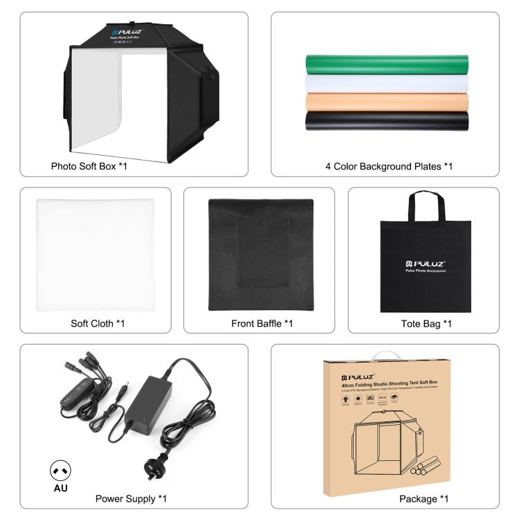 PULUZ 40cm Folding 72W 5500K Studio Shooting Tent Soft Box Photography Lighting Kit with 4 Colors (Black, Orange, White, Green) Backdrops(AU Plug) - by PULUZ | Online Shopping UK | buy2fix