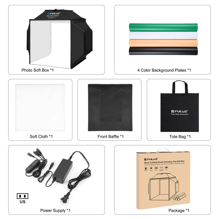 PULUZ 40cm Folding 72W 5500K Studio Shooting Tent Soft Box Photography Lighting Kit with 4 Colors (Black, Orange, White, Green) Backdrops(US Plug) - by PULUZ | Online Shopping UK | buy2fix