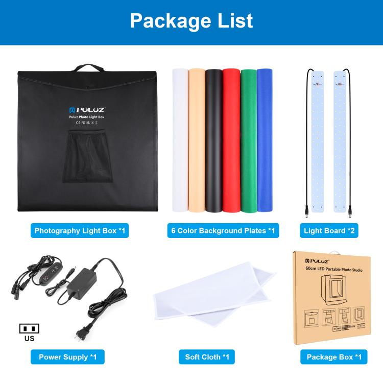 PULUZ Photo Studio Light Box Portable 60 x 60 x 60 cm Light Tent LED 5500K White Light Dimmable Mini 36W Photography Studio Tent Kit with 6 Removable Backdrops (Black Orange White Green Blue Red)(US Plug) - by PULUZ | Online Shopping UK | buy2fix